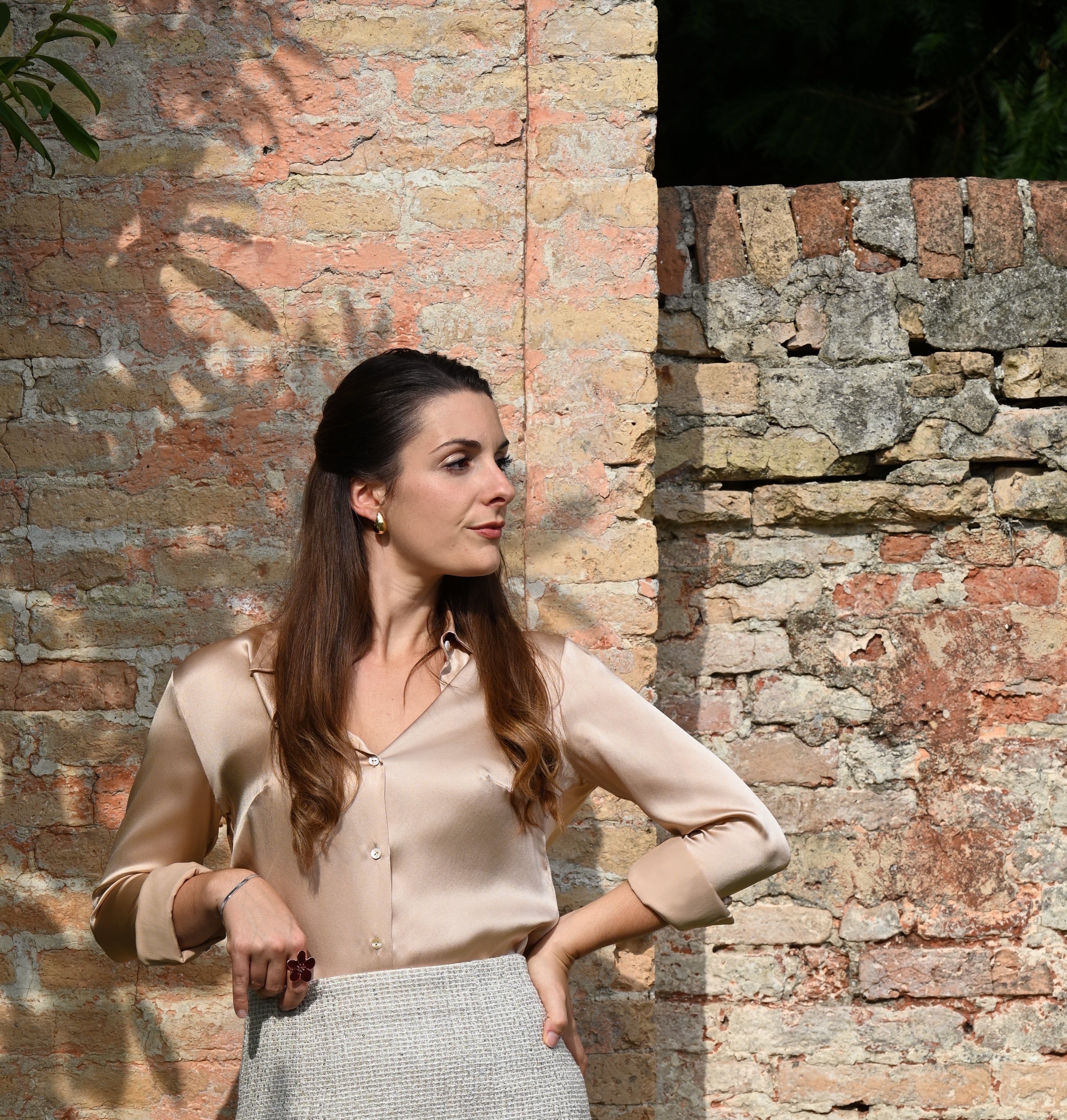 Camicia classica in raso di seta | Crema