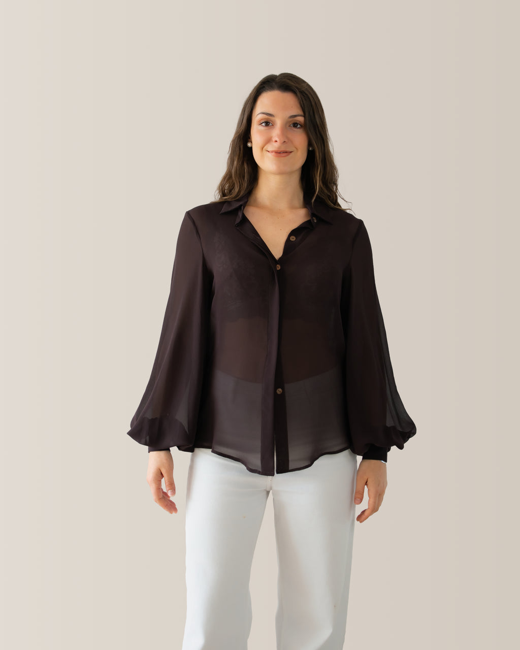 Camicia in seta con manica a palloncino | Marrone cioccolato