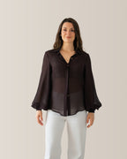 Camicia in seta con manica a palloncino | Marrone cioccolato