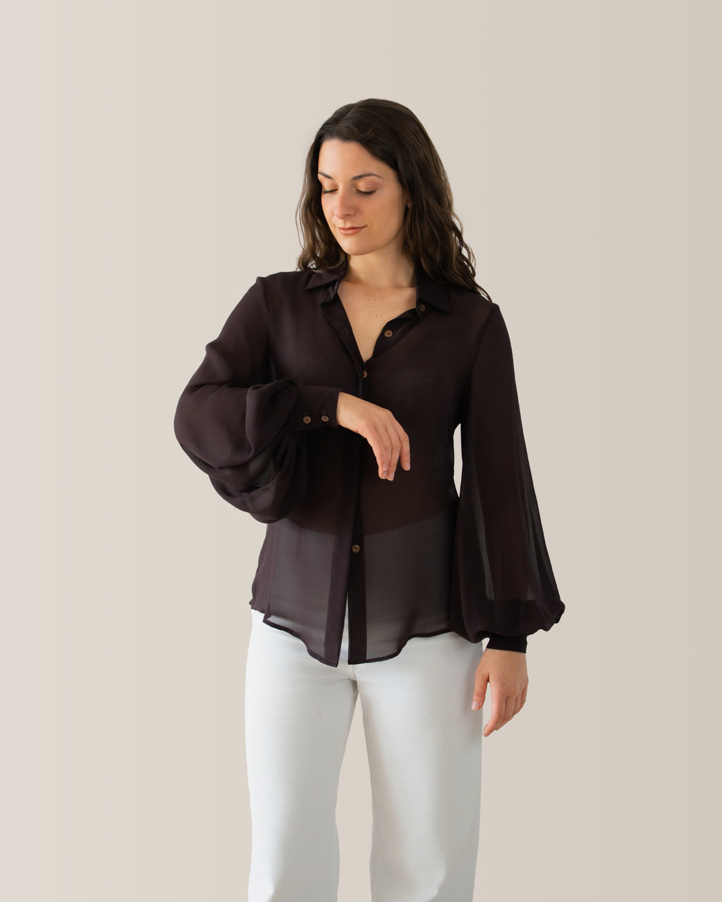 Camicia in seta con manica a palloncino | Marrone cioccolato