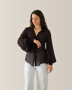 Camicia in seta con manica a palloncino | Marrone cioccolato