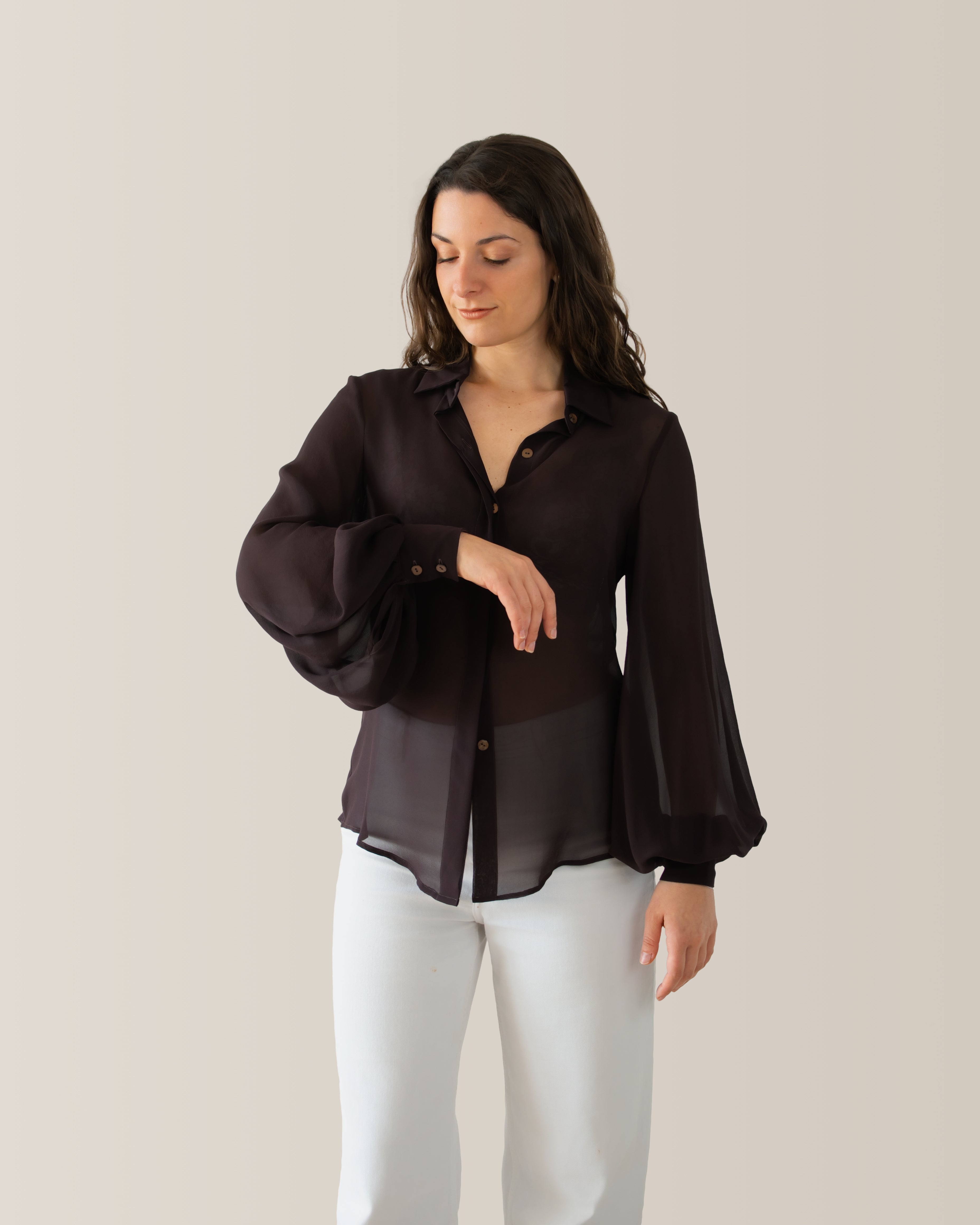 Camicia in seta con manica a palloncino | Marrone cioccolato