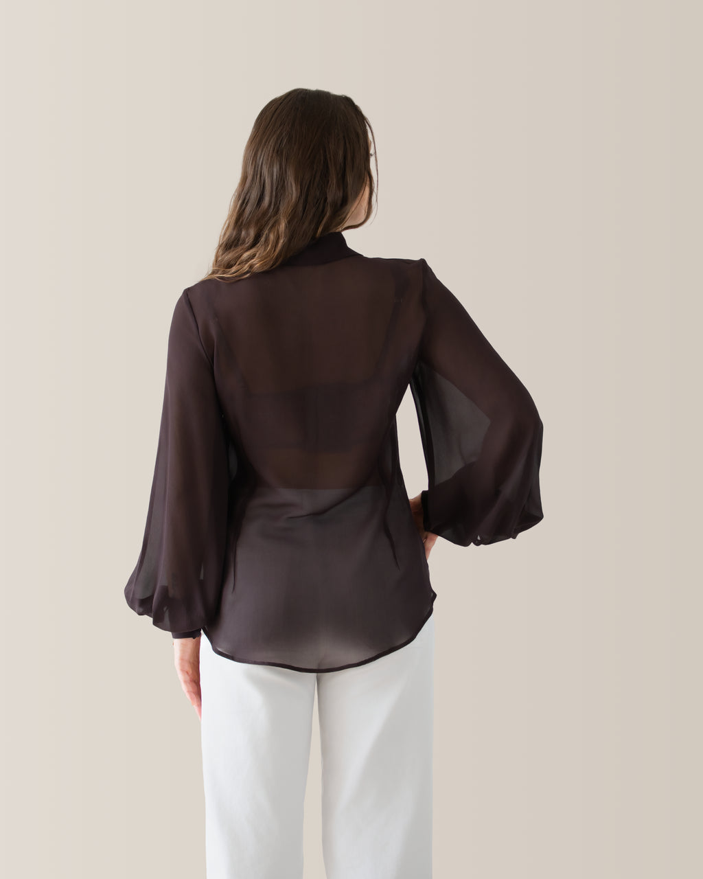 Camicia in seta con manica a palloncino | Marrone cioccolato