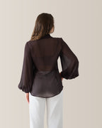 Camicia in seta con manica a palloncino | Marrone cioccolato