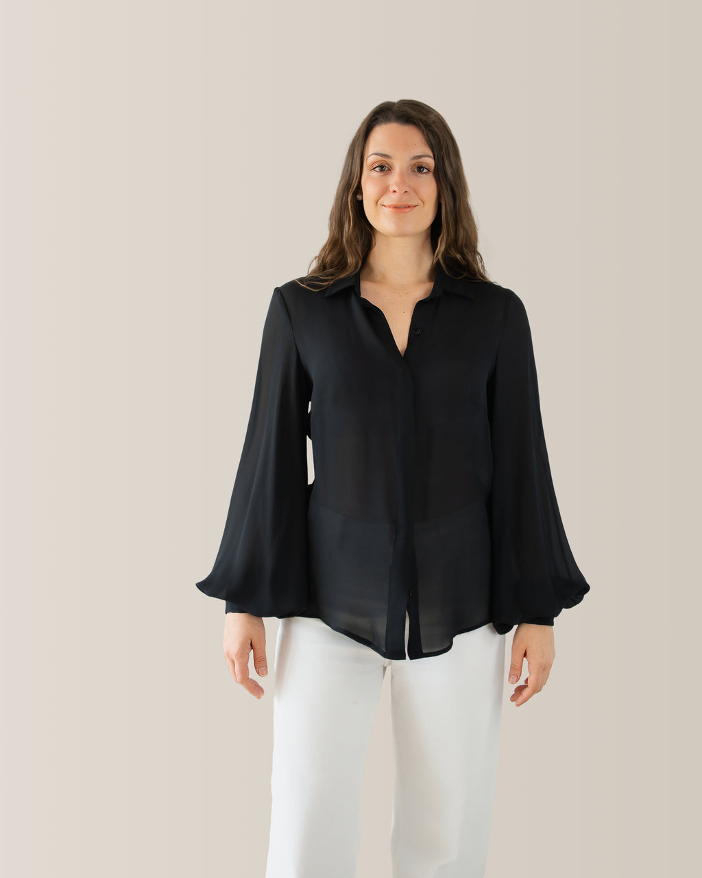 Camicia in seta con manica a palloncino | Nero