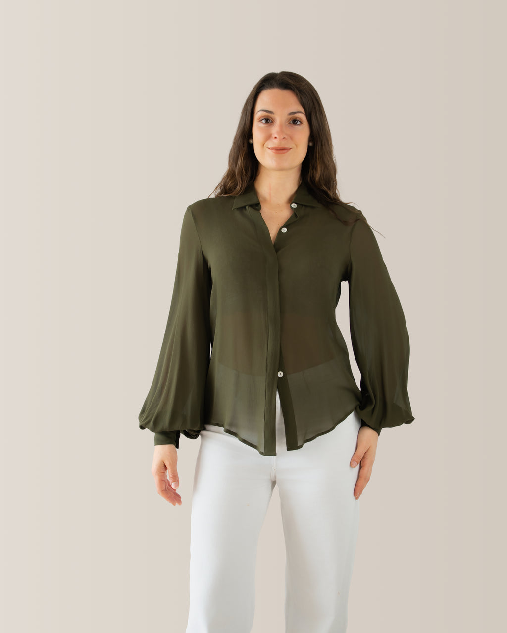 Camicia in seta con manica a palloncino | Verde millitare