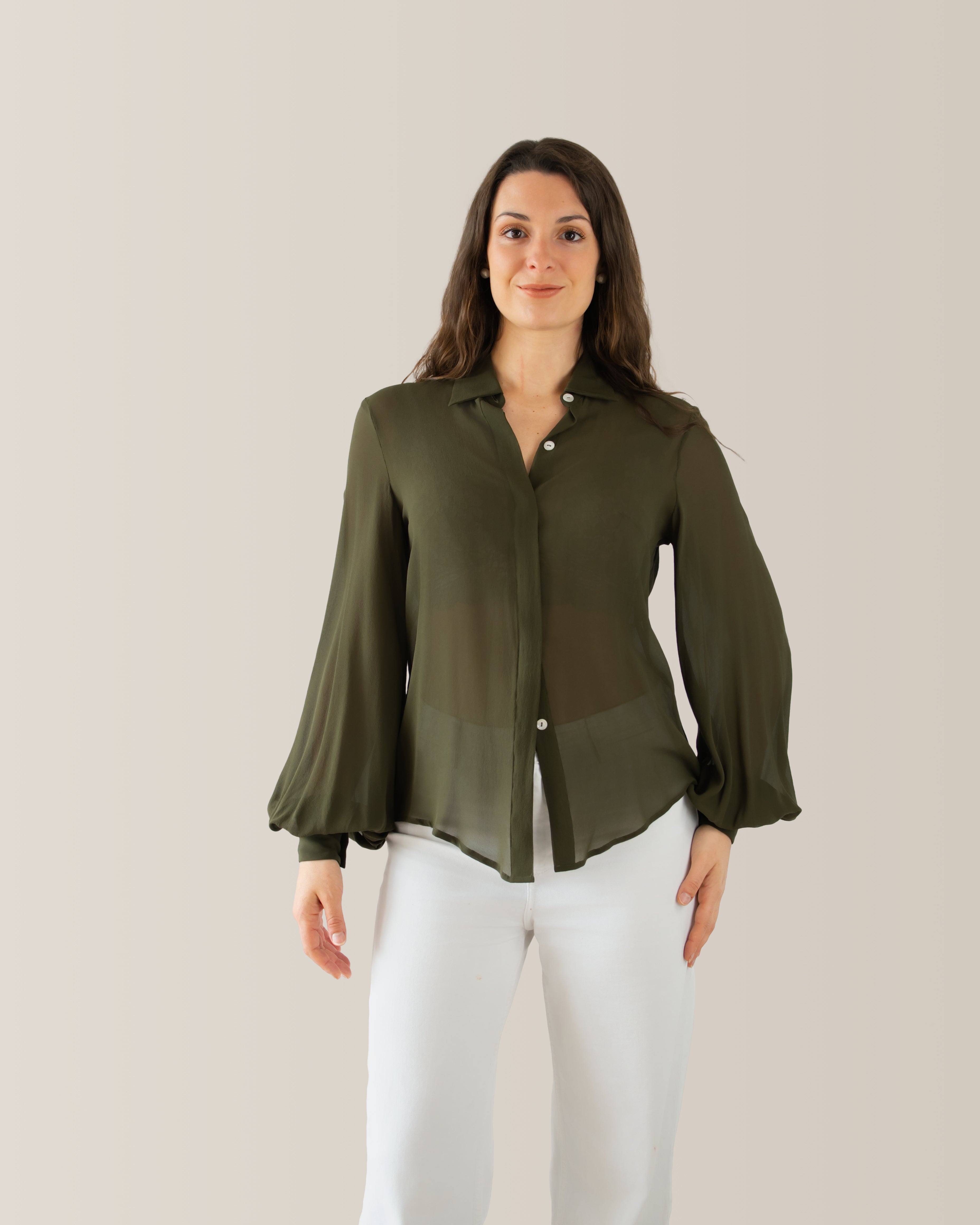 Camicia in seta con manica a palloncino | Verde millitare