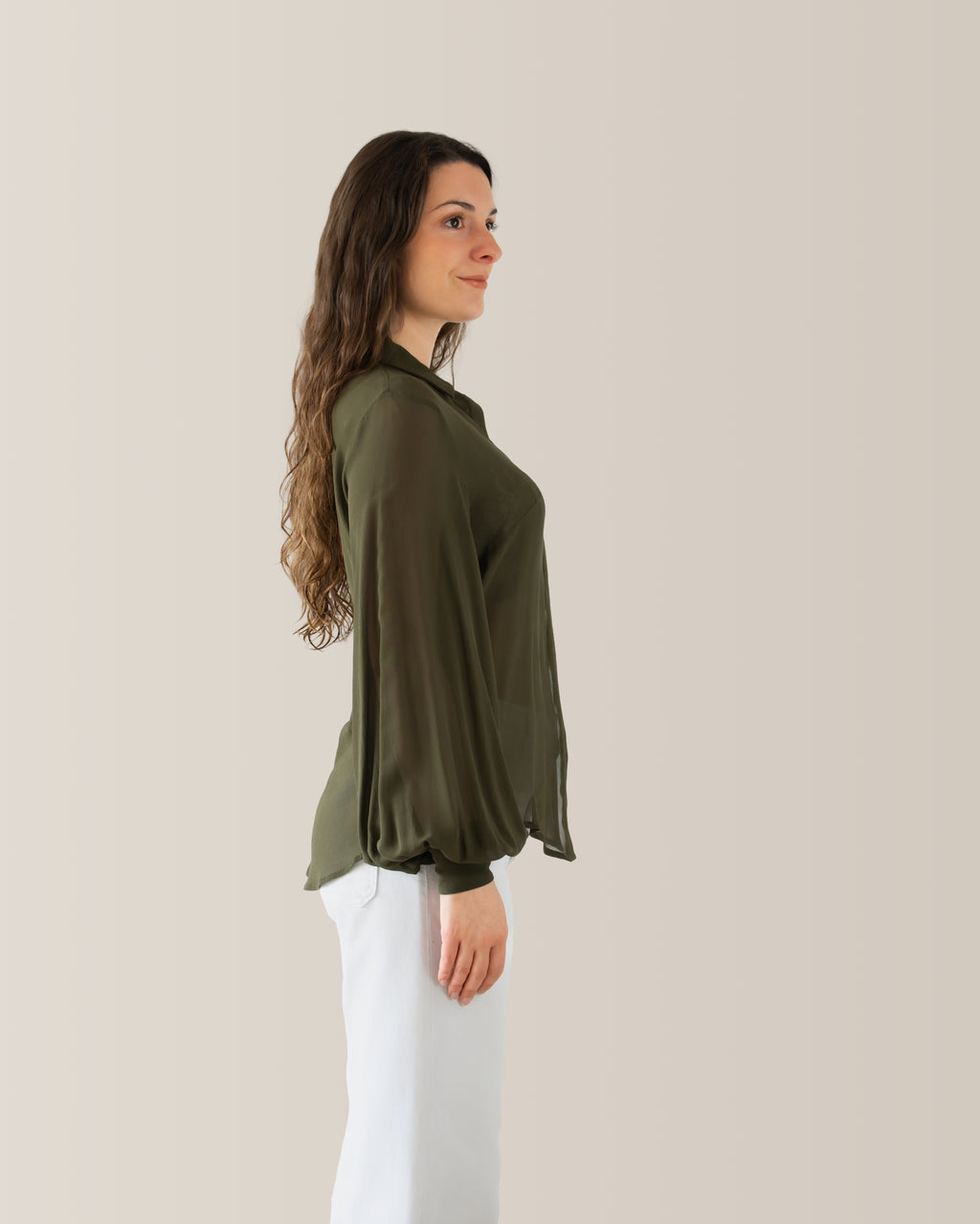 Camicia in seta con manica a palloncino | Verde millitare