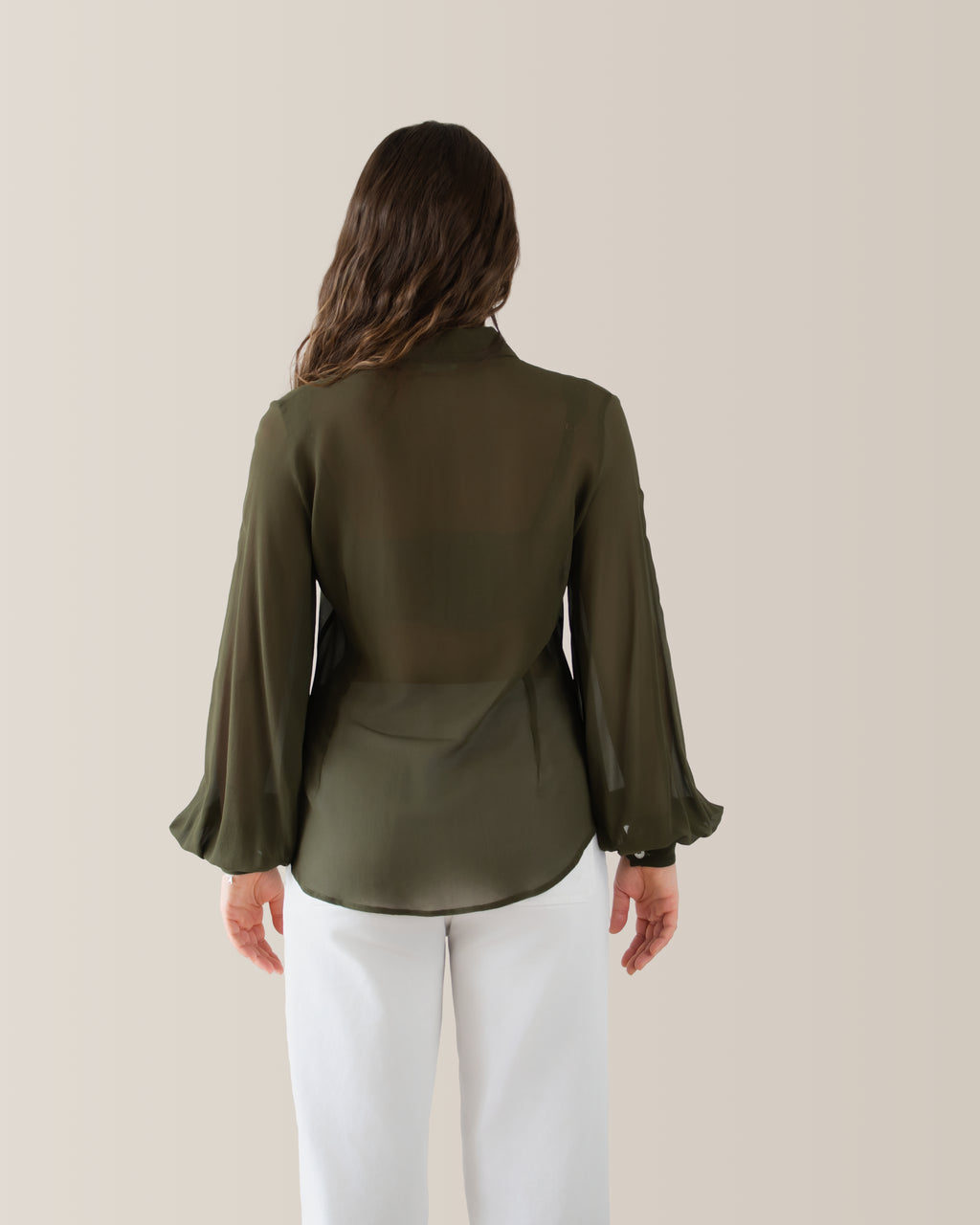 Camicia in seta con manica a palloncino | Verde millitare