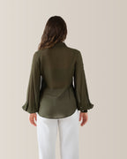 Silk Shirt with Puff Sleeves | Army Green