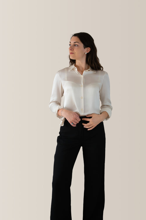 Camicia classica in raso di seta | Bianco Perla