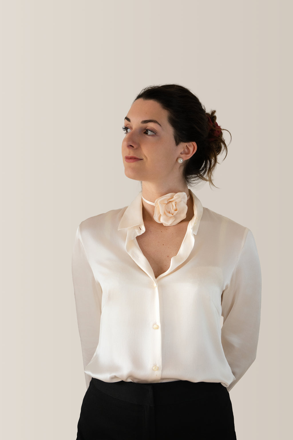 Camicia classica in raso di seta | Bianco Perla