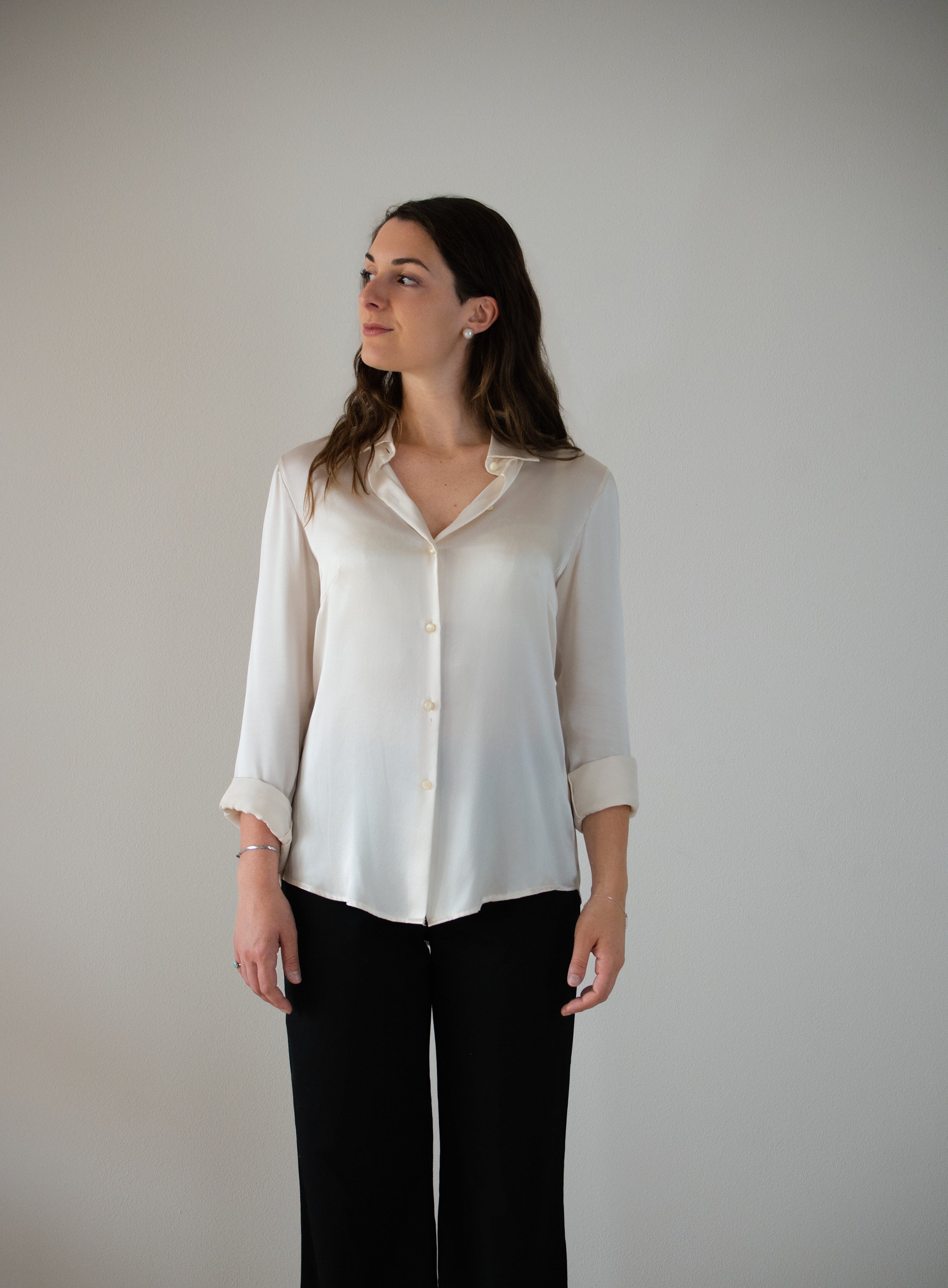 Camicia classica in raso di seta | Bianco Perla