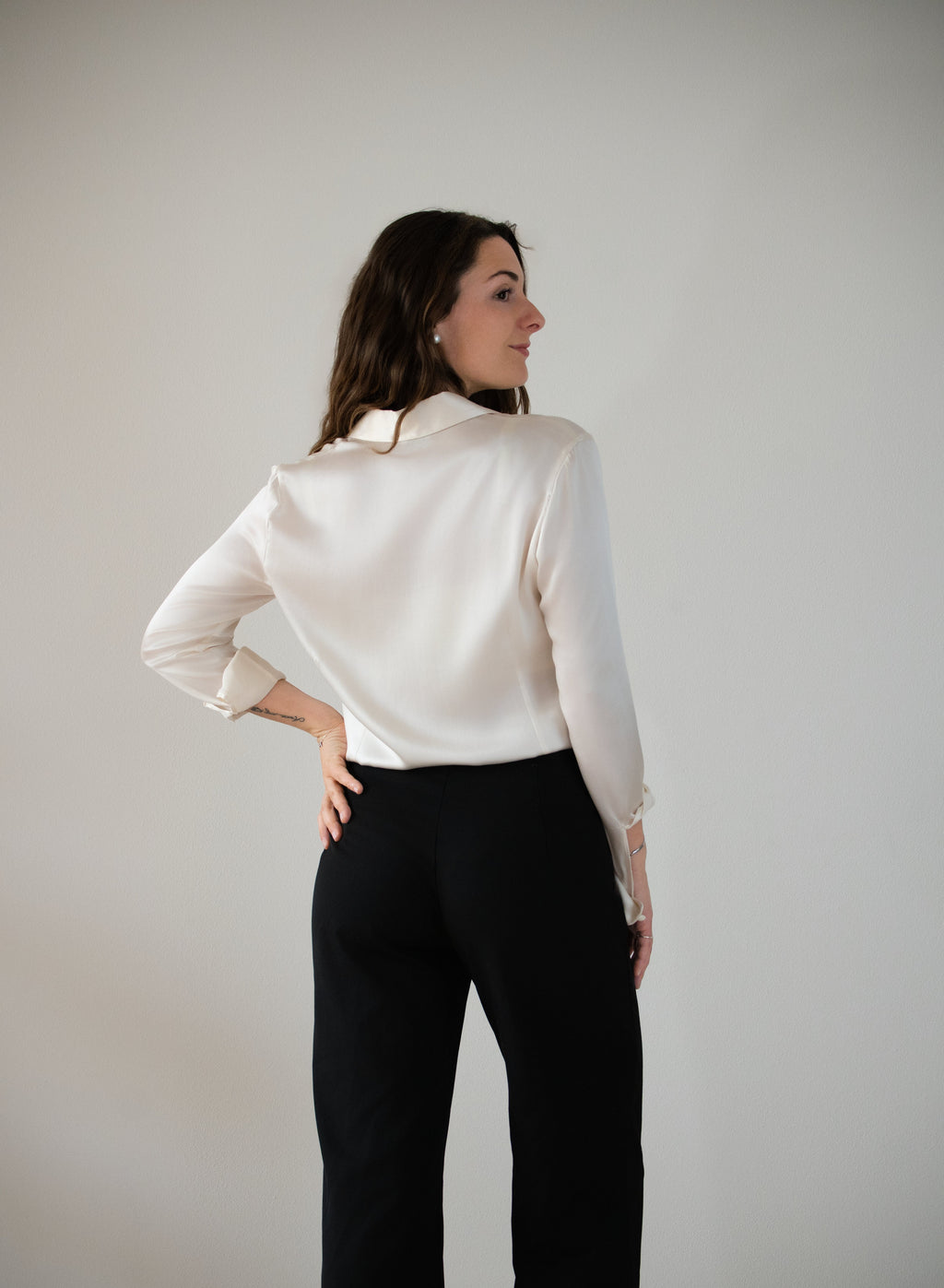 Camicia classica in raso di seta | Bianco Perla