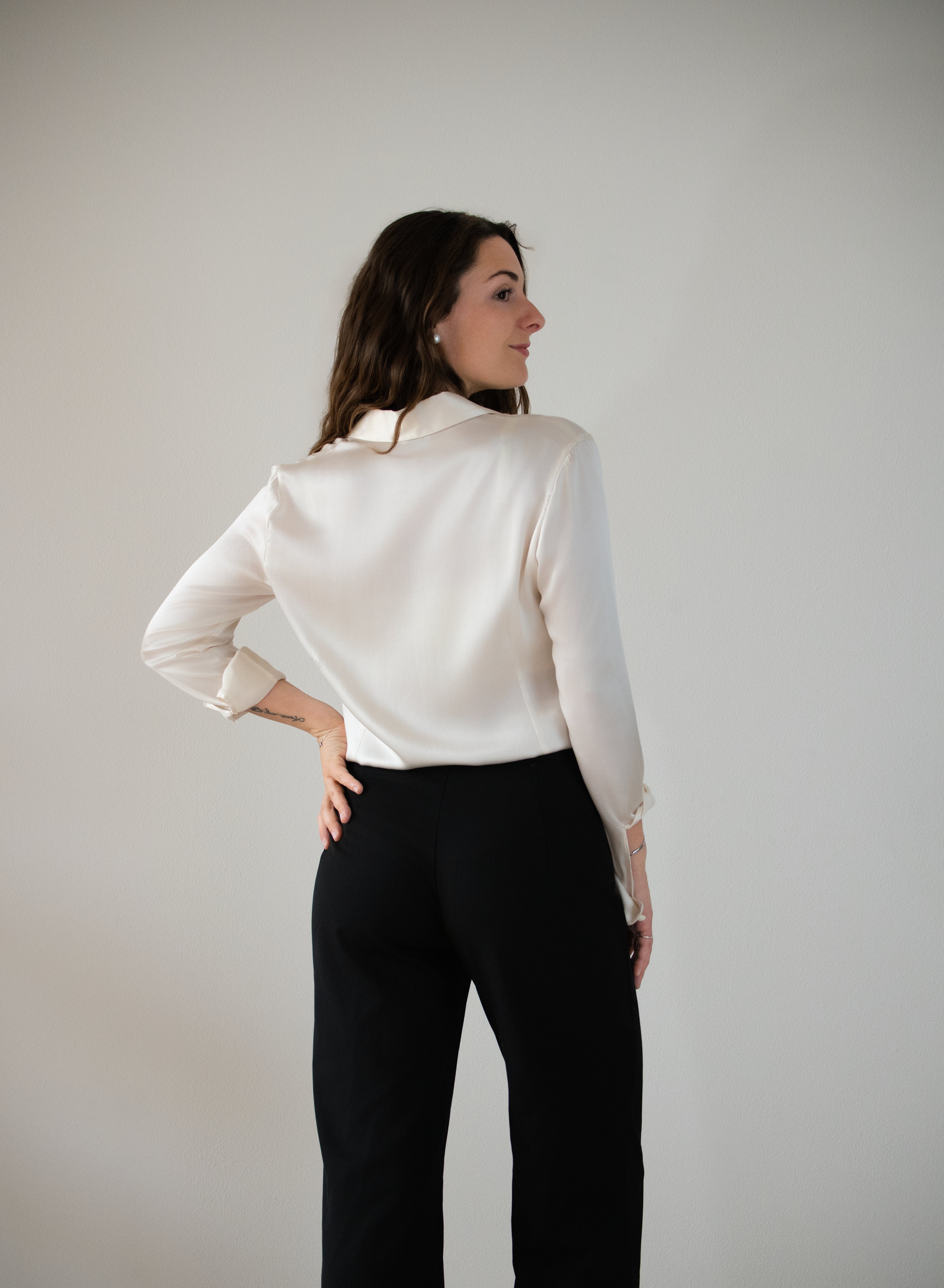 Camicia classica in raso di seta | Bianco Perla