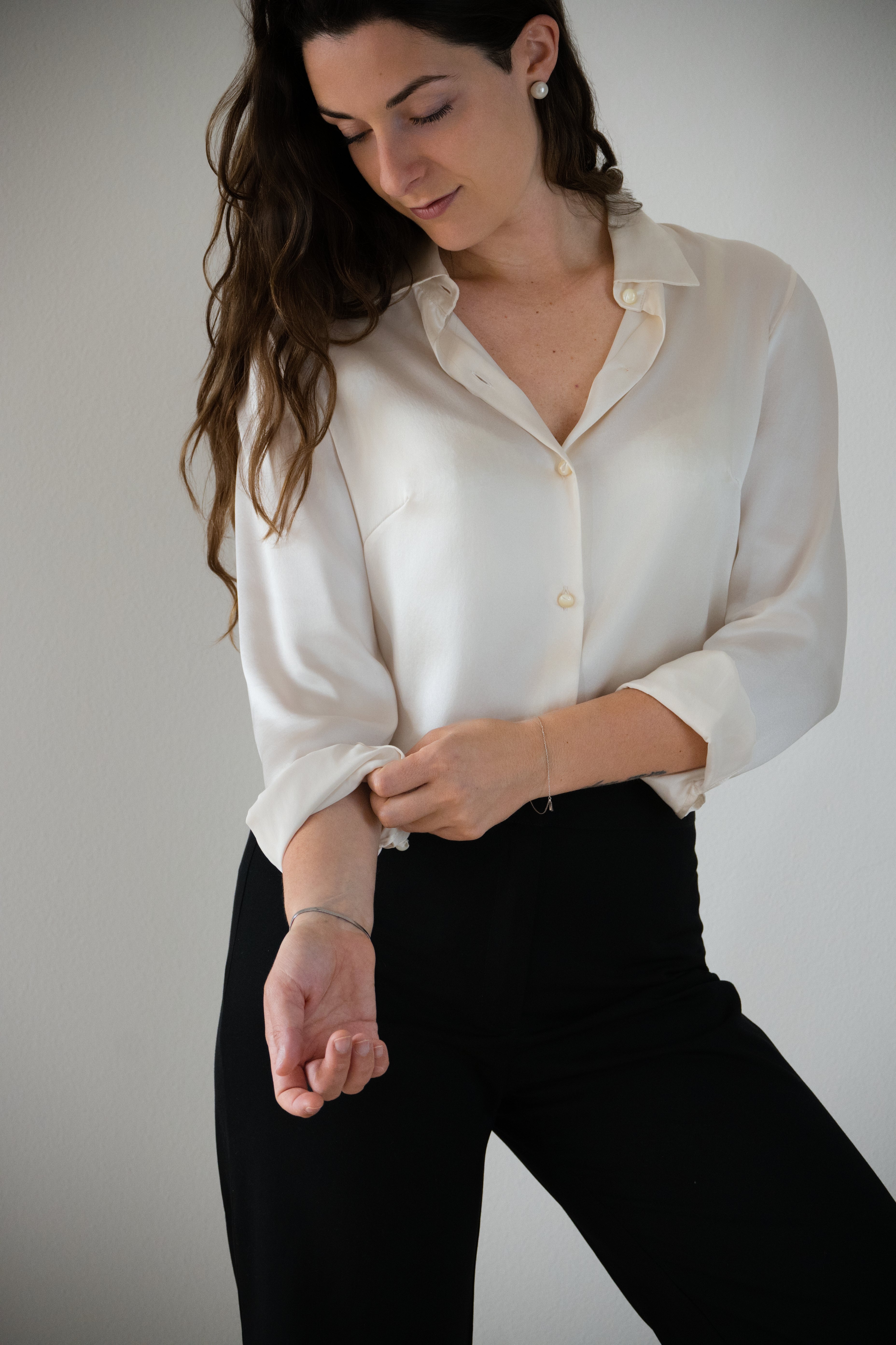 Camicia classica in raso di seta | Bianco Perla