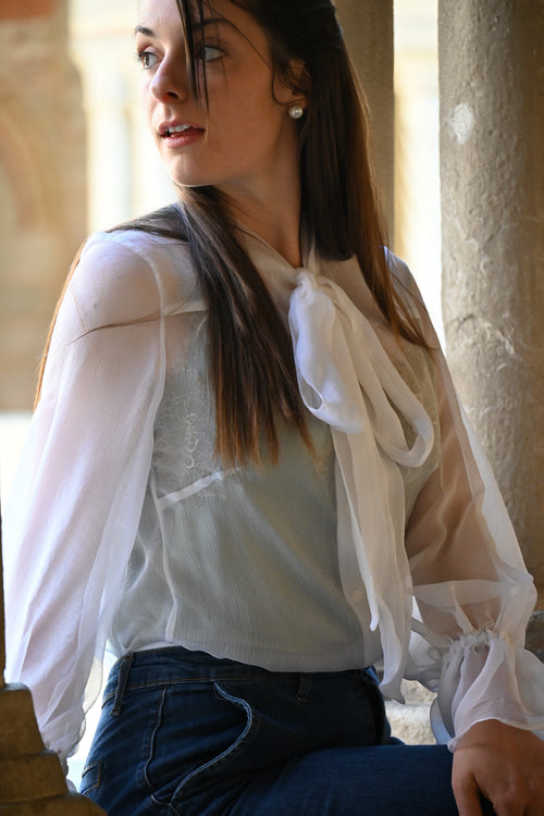 Camicia in seta con fiocco | Bianco ottico