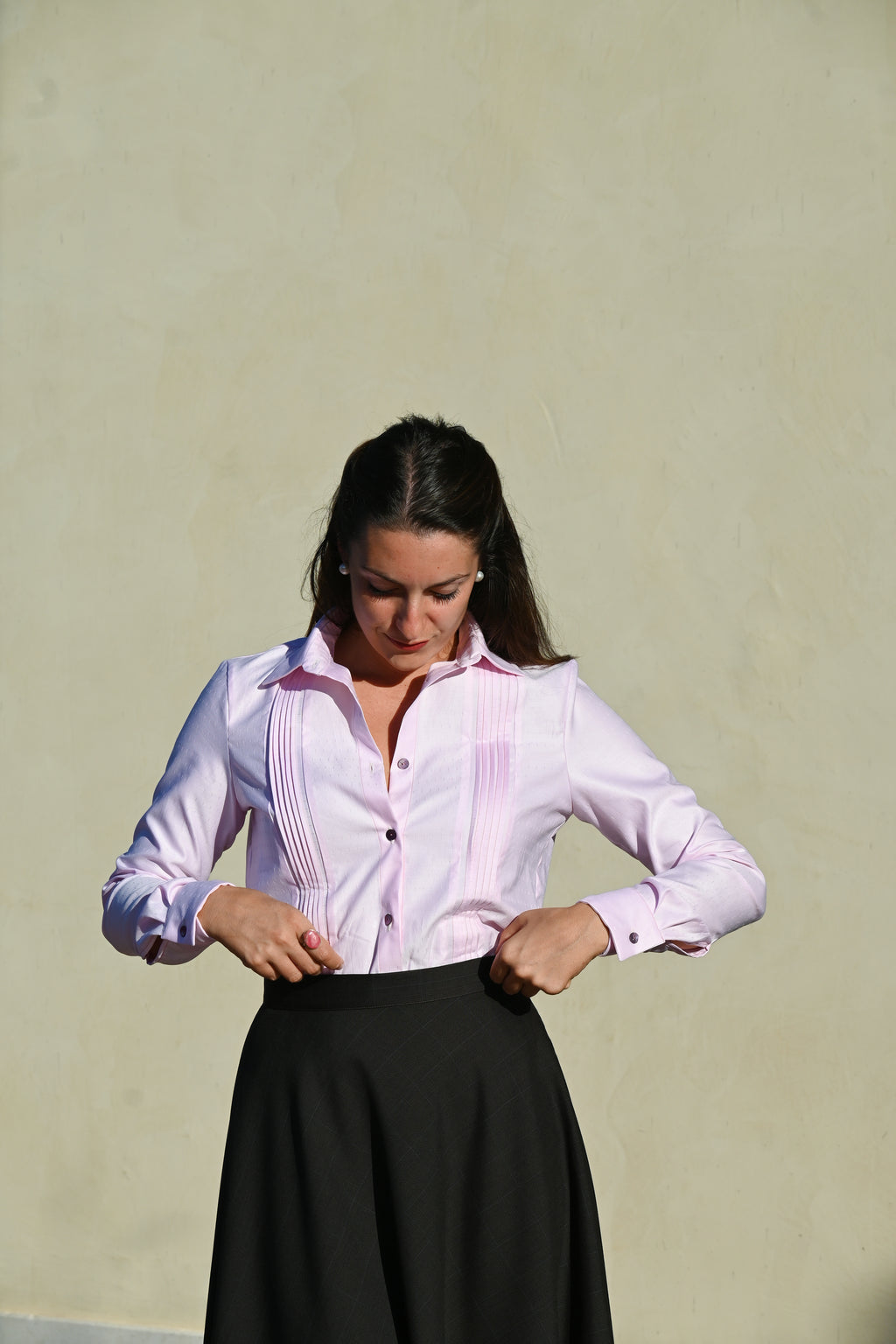 Camicia classica in cotone con plissé | Rosa