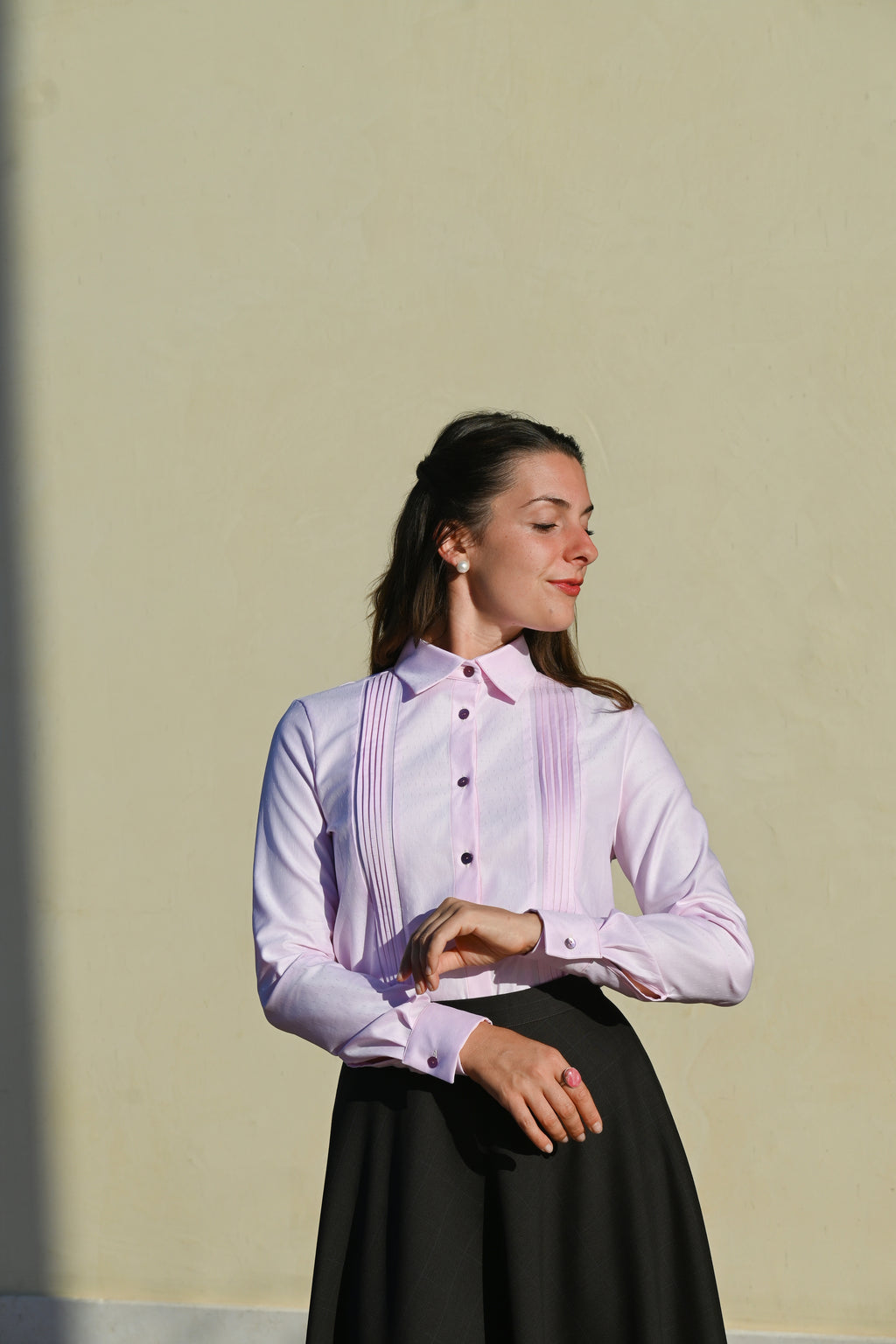 Camicia classica in cotone con plissé | Rosa