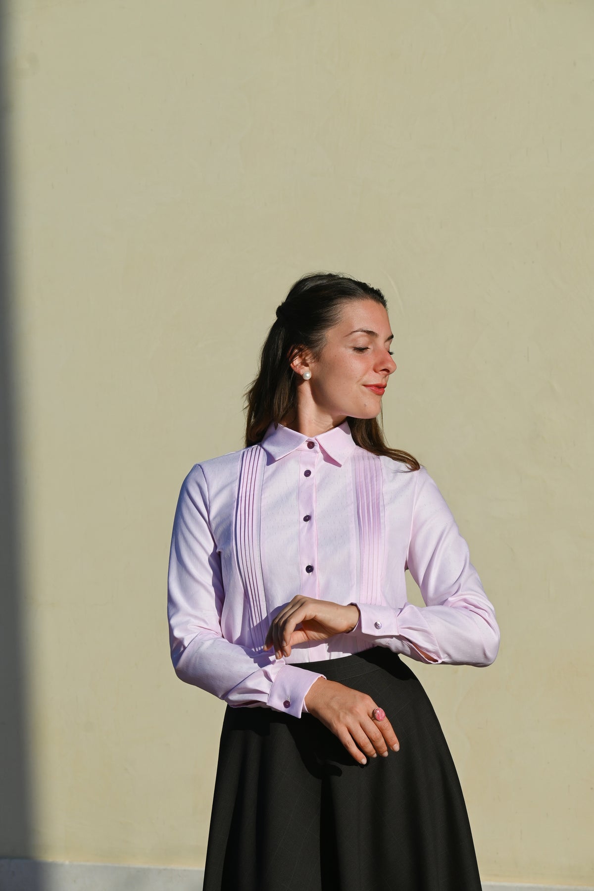 Camicia classica in cotone con plissé | Rosa