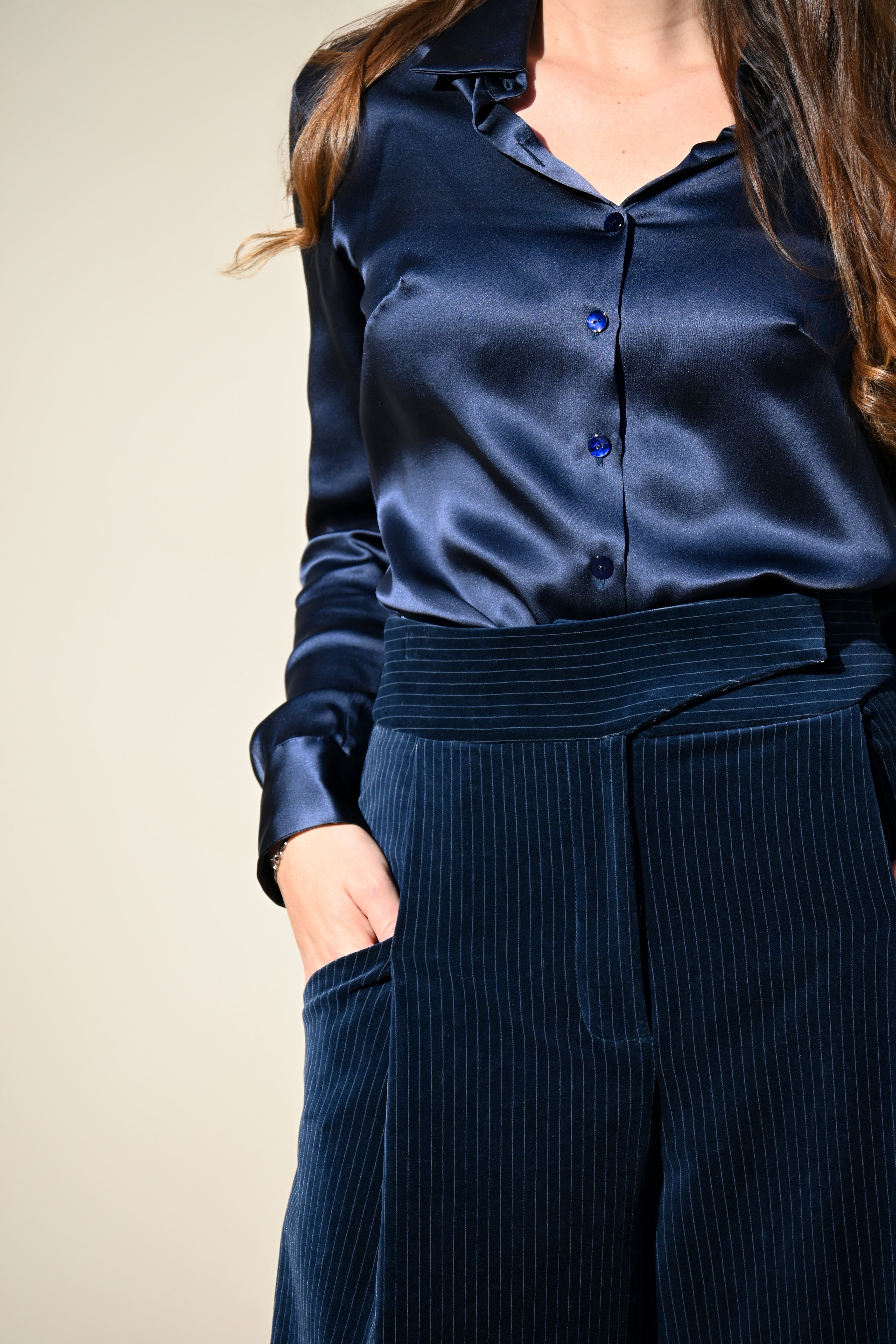 Pantalone a palazzo in velluto gessato