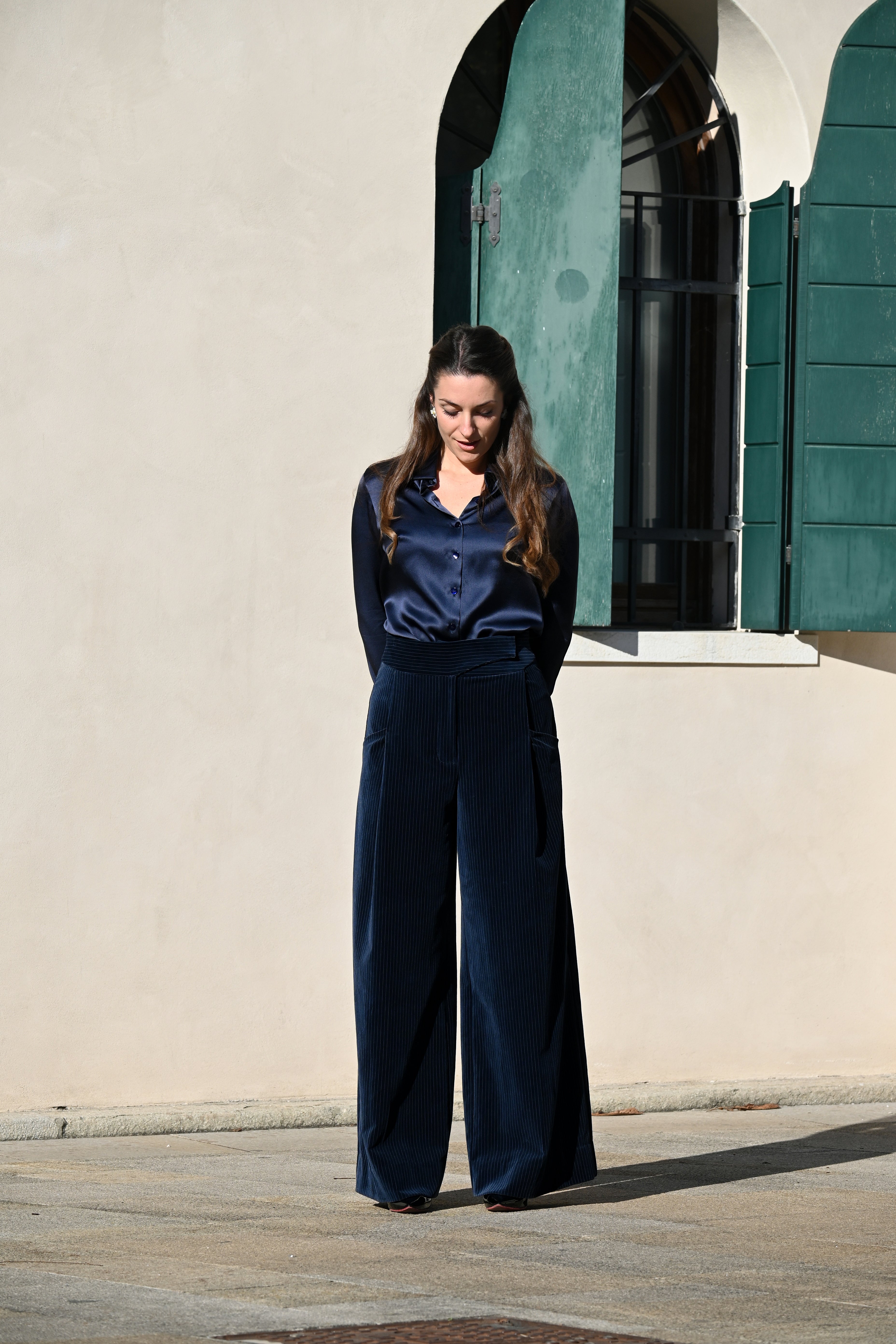 Pantalone a palazzo in velluto gessato