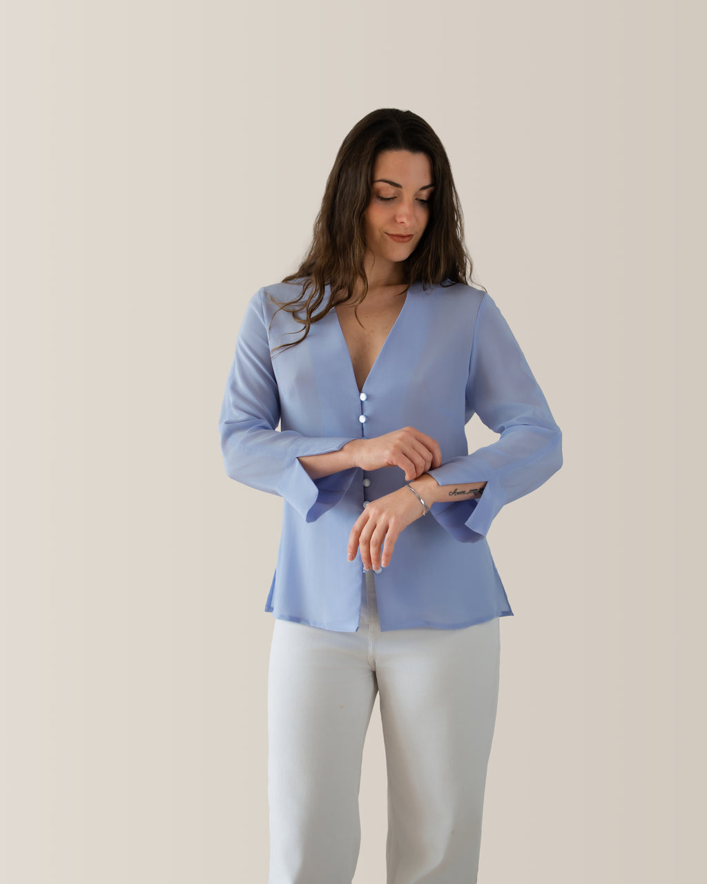 Camicia in seta scollo a V | Azzurro