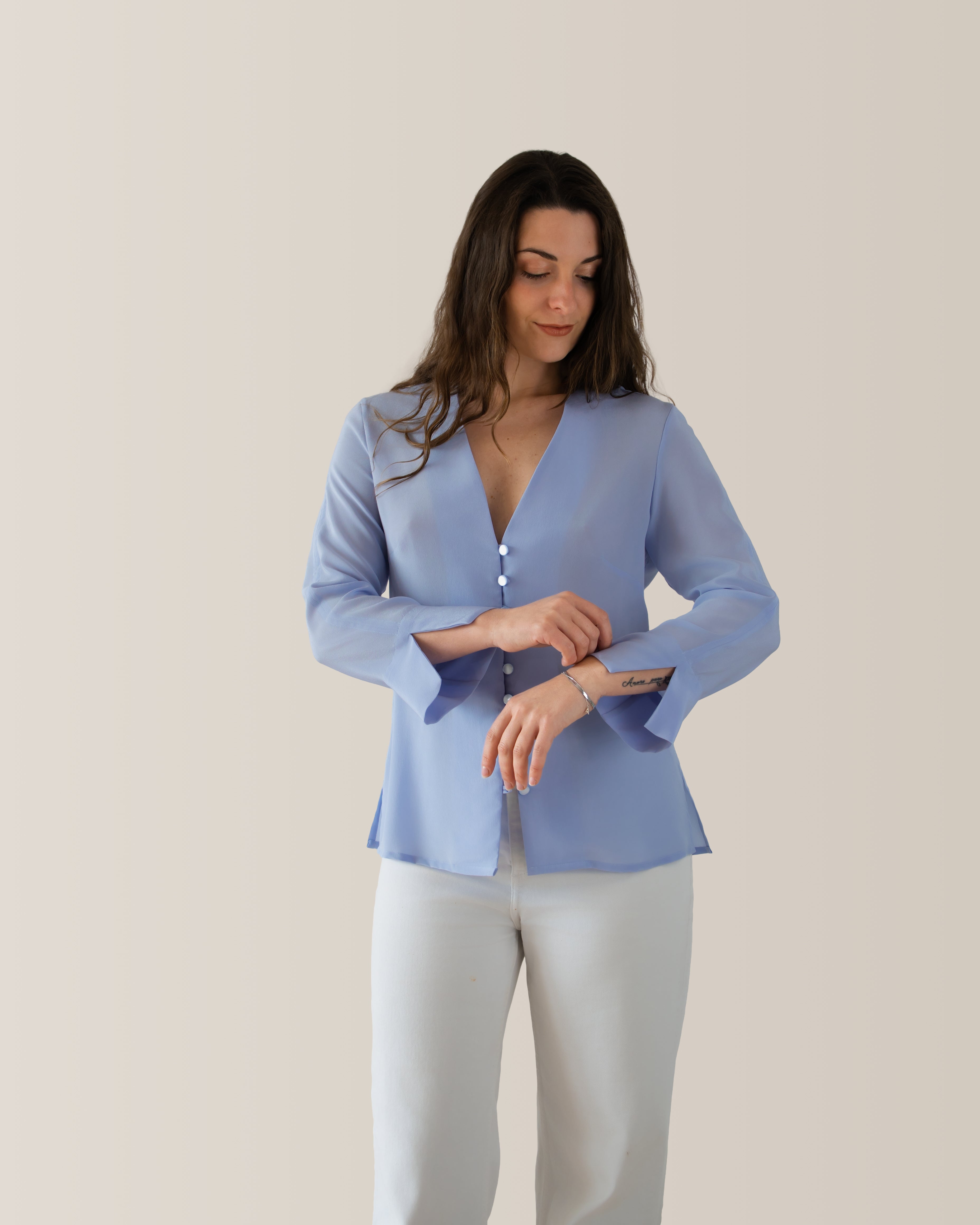 Camicia in seta scollo a V | Azzurro
