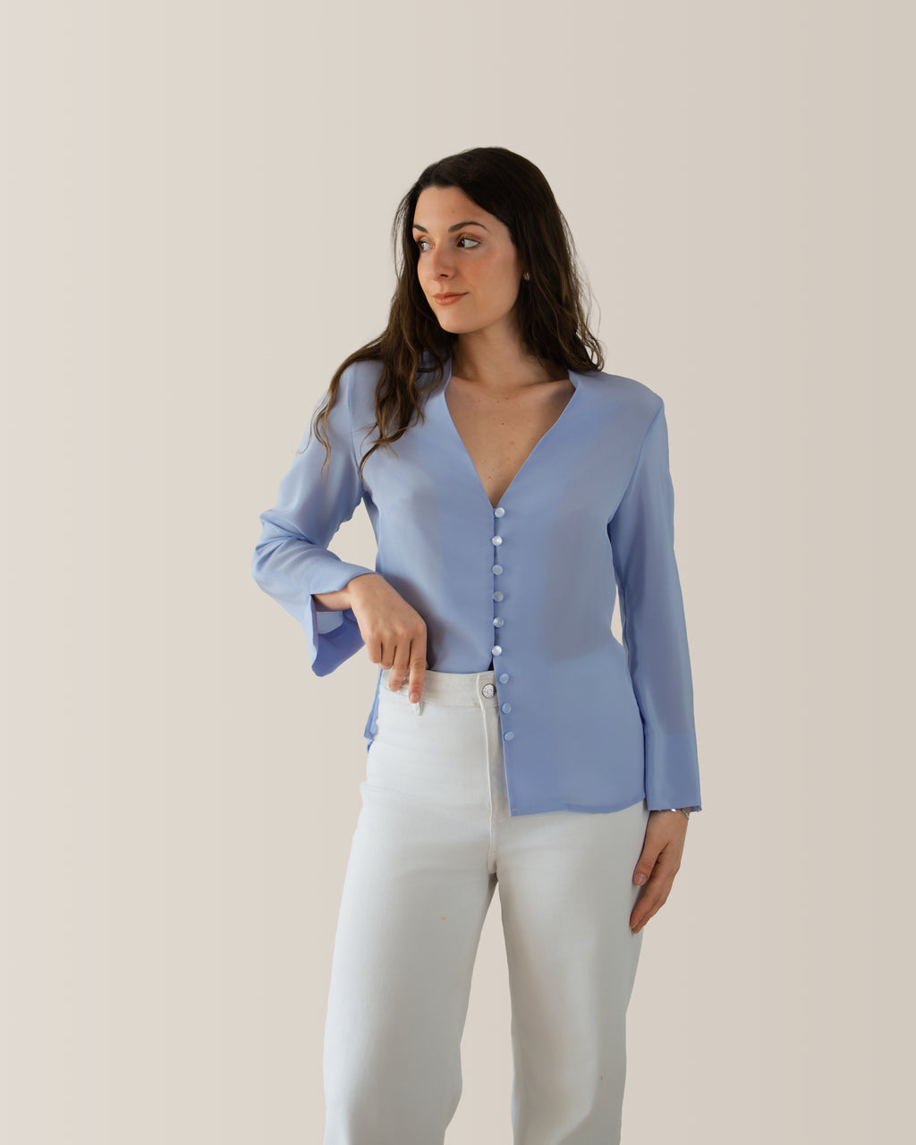 Camicia in seta scollo a V | Azzurro