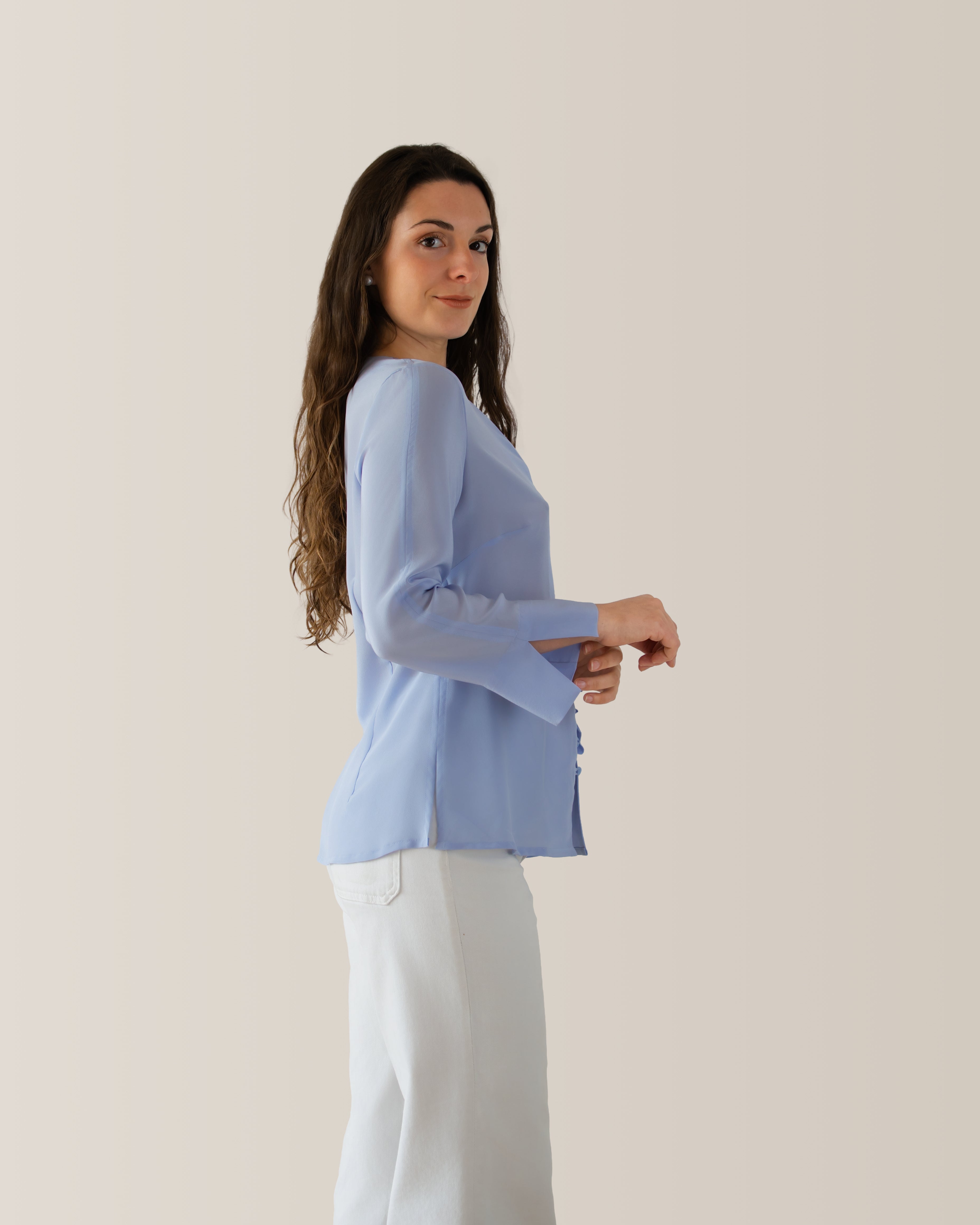 Camicia in seta scollo a V | Azzurro