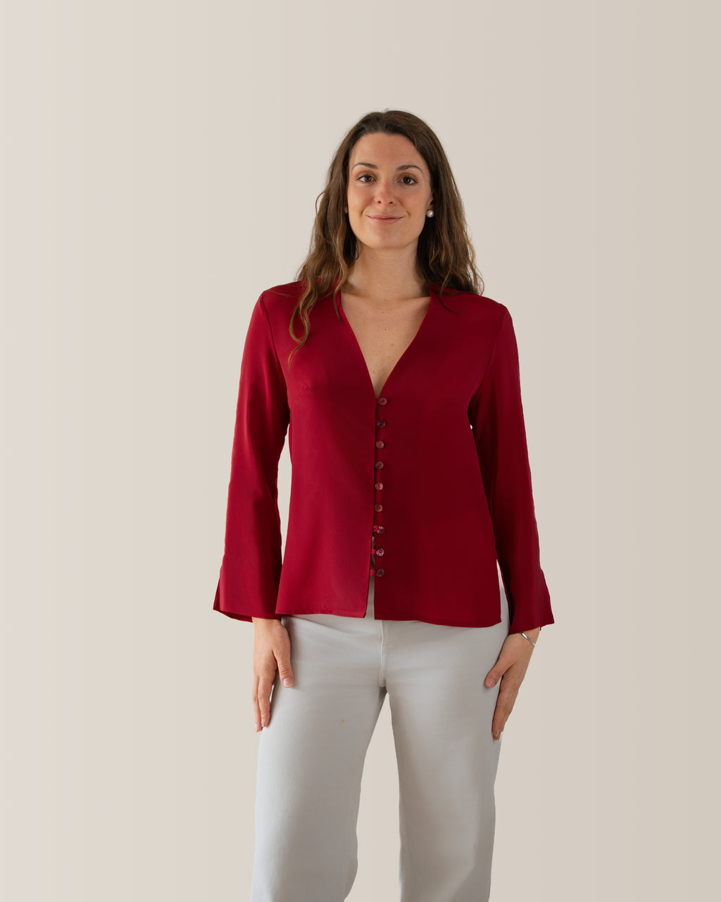 Camicia in seta scollo a V | Rosso Ciliegia