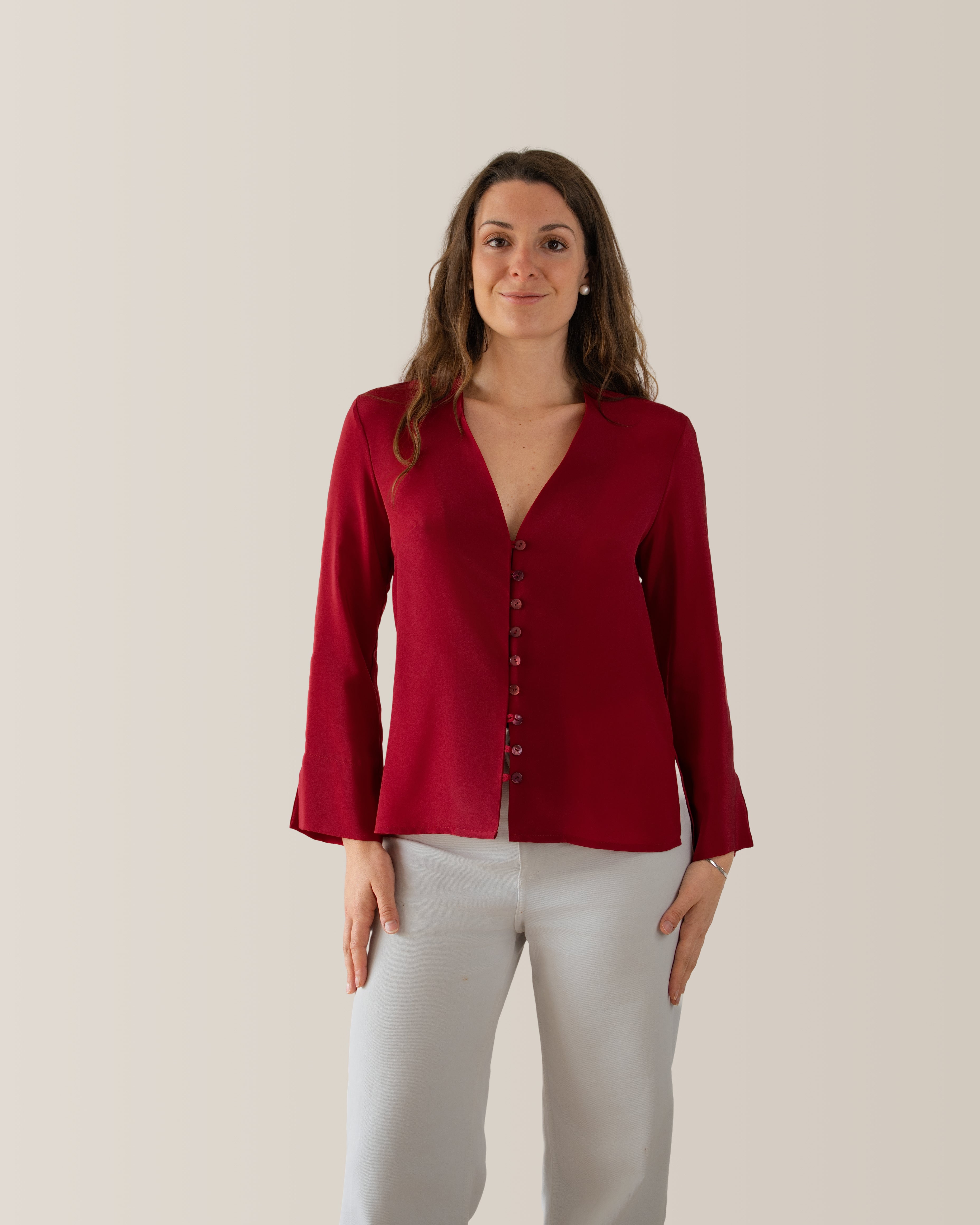 Camicia in seta scollo a V | Rosso Ciliegia