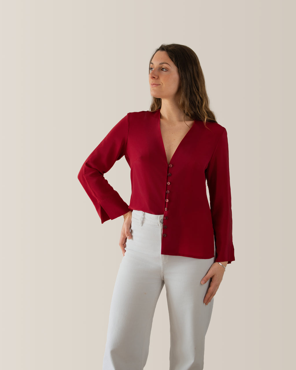 Camicia in seta scollo a V | Rosso Ciliegia