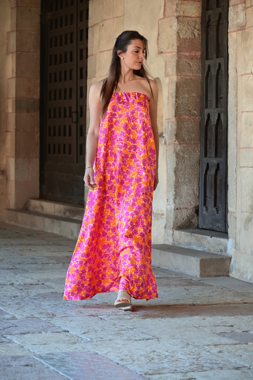Abito fiori a fascia in twill di seta