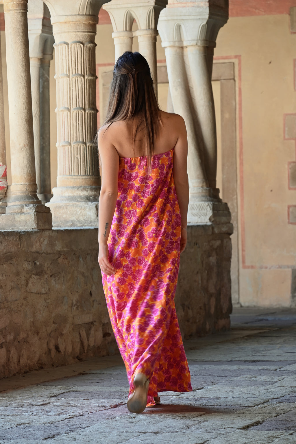 Abito fiori a fascia in twill di seta