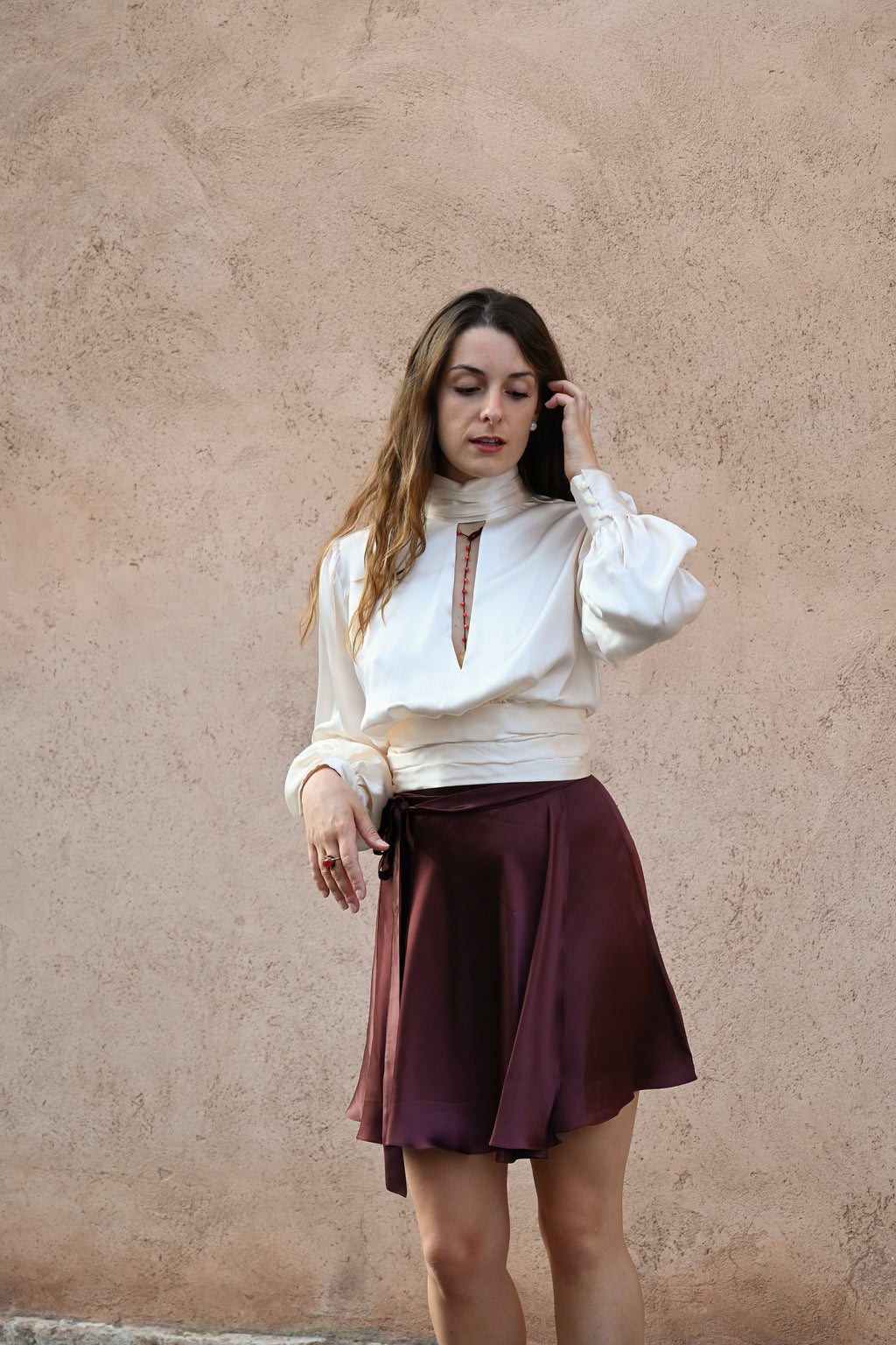 Gonna a portafoglio in seta | Viola Melanzana