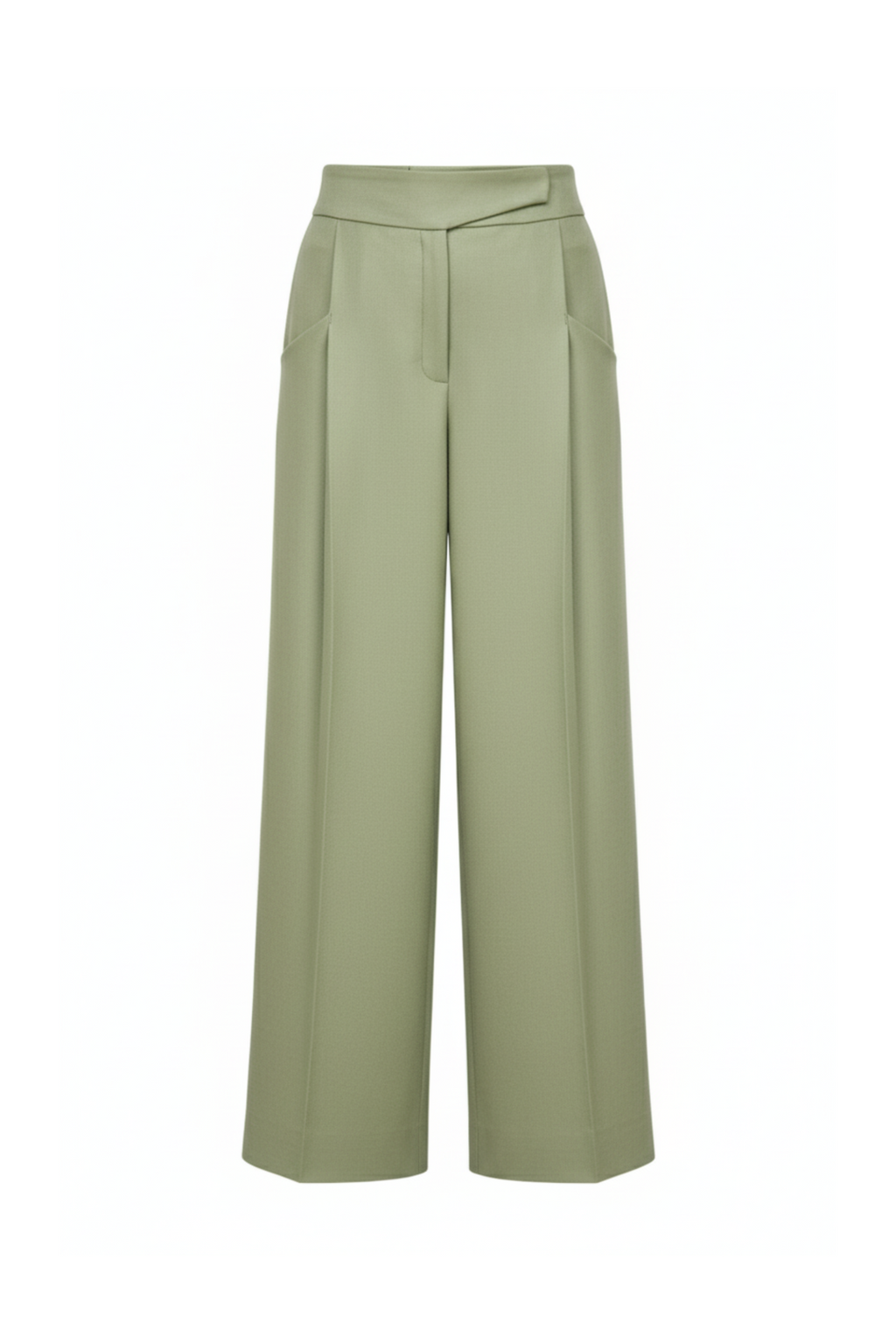 foto di pantalone su sfondo bianco a palazzo in pura lana verde pistacchio 