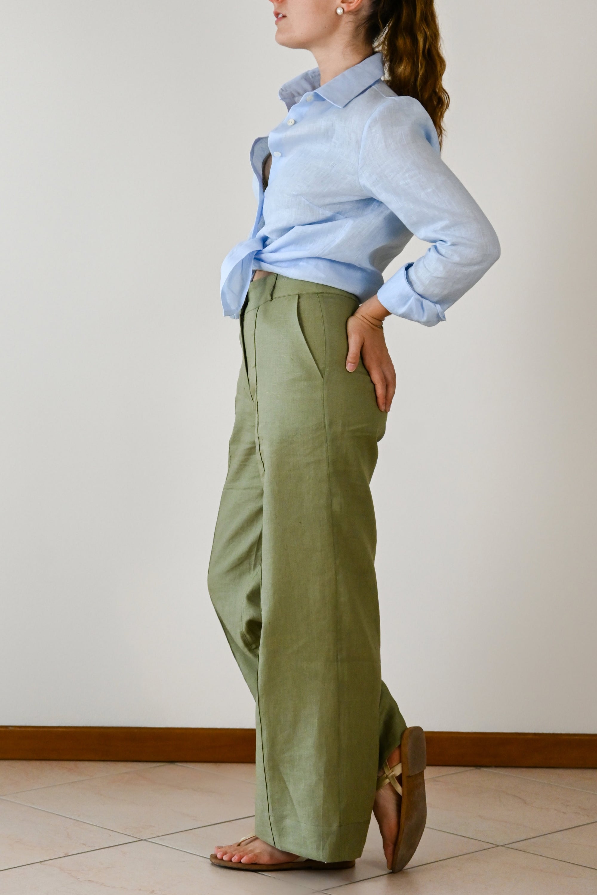 pantaloni palazzo puro lino ALKIRA | Moda donna estiva Made in Italy e fatto a mano, elegante e fresca 
Verde Pistacchio